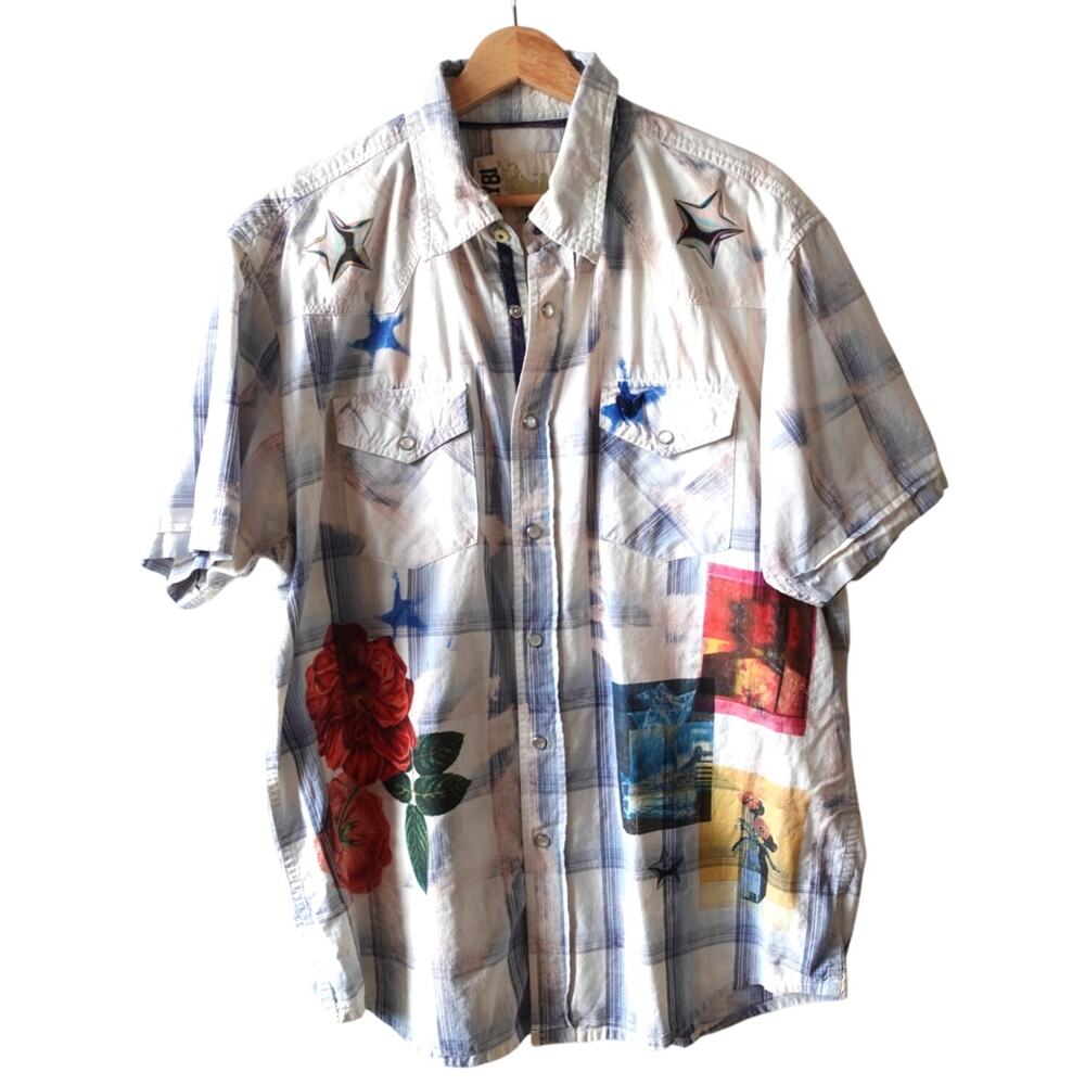 Company 81 Shirt Mens‎ XL Western Pearl Snap NY Yankees Plaid Rockabilly Graphic